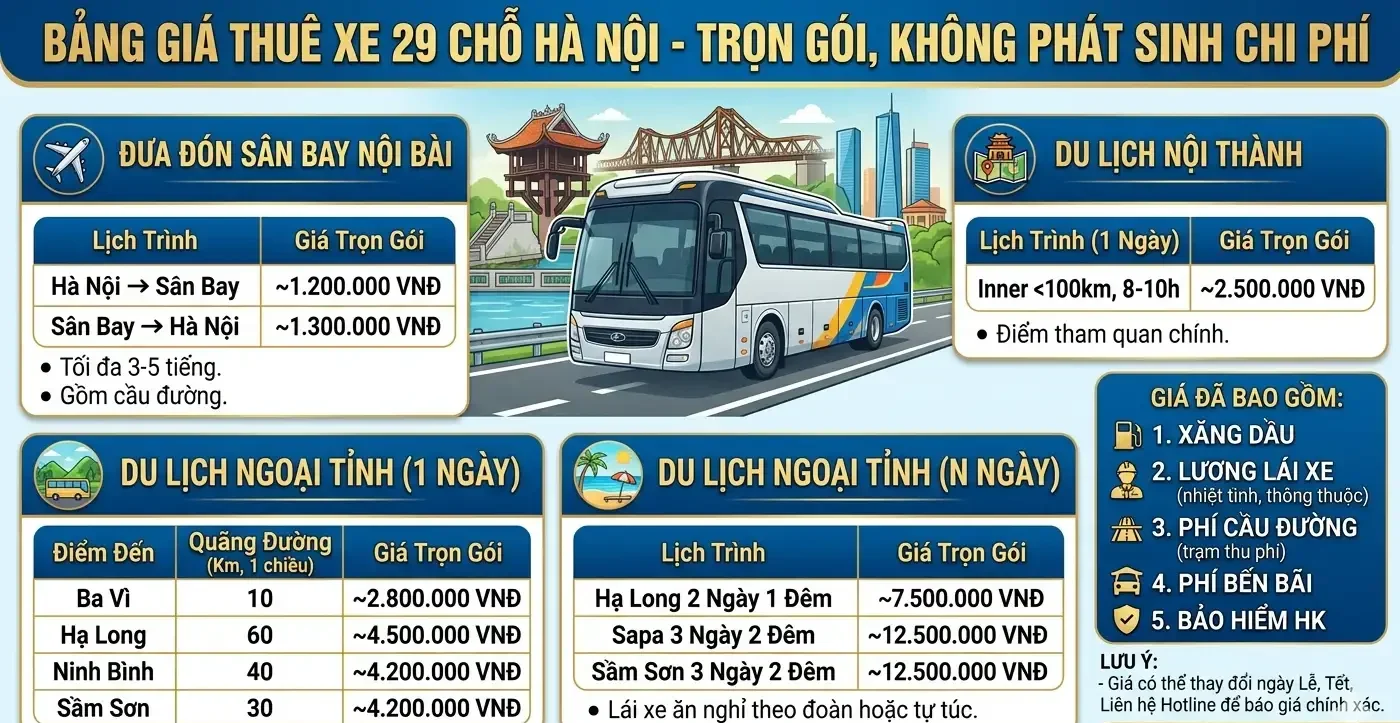 Thuê Xe 29 Chỗ Không Phát Sinh Chi Phí Hà Nội – Xe Đời Mới, Giá Trọn Gói